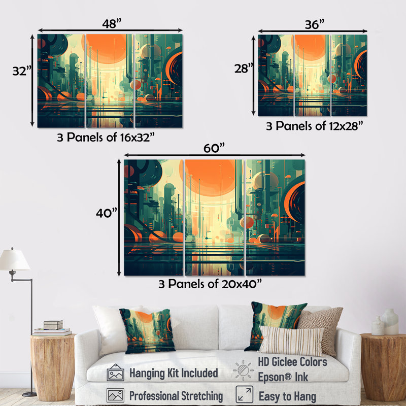 Ensemble d'art mural rétro moderne pleine lune III - Mid-Century, Toile tendue, H 32 po x l 48 po x P 1 po