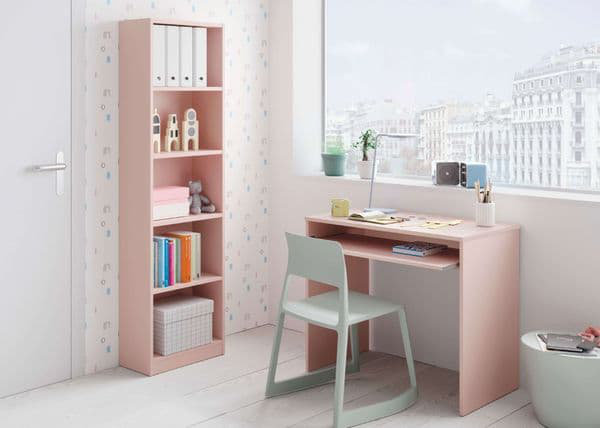 Small office with compact pink desk