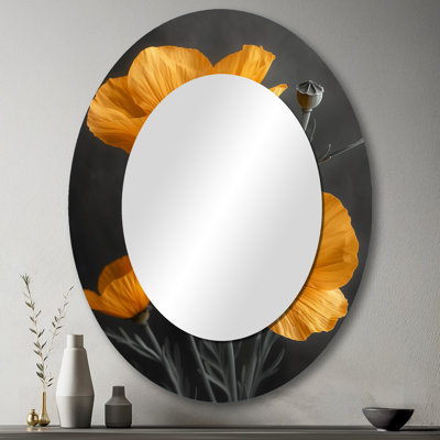 Coquelicots monochromes jaunes et gris Garden Party II - Grand miroir mural ovale sur métal