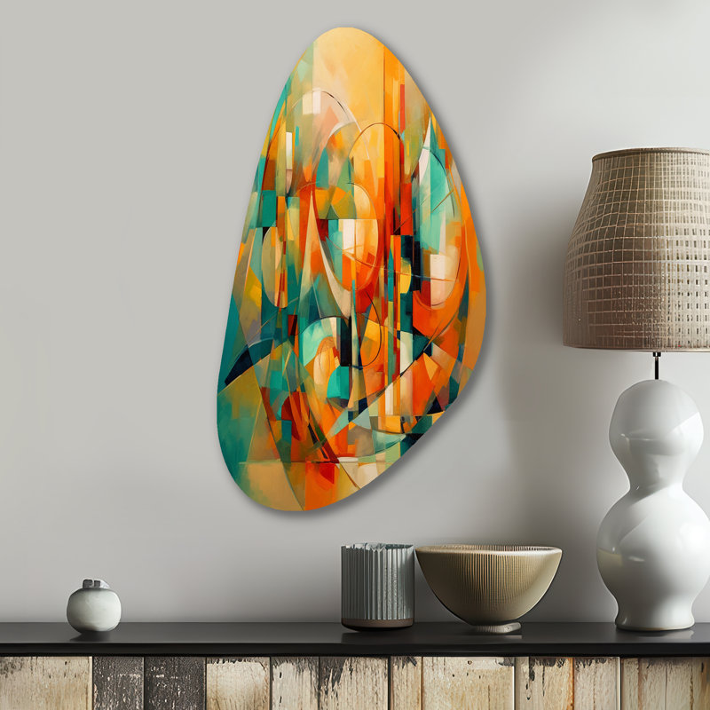 Kaycion abstraite cubiste, forme IV - cubisme de forme irrégulière, impression sur métal, décoration murale asymétrique en métal orange