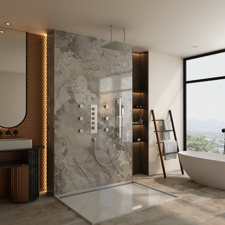 16" Ceiling Mounted 4-Function Thermostatic Rainfall Shower System with 6 Body Jets and Slide Bar