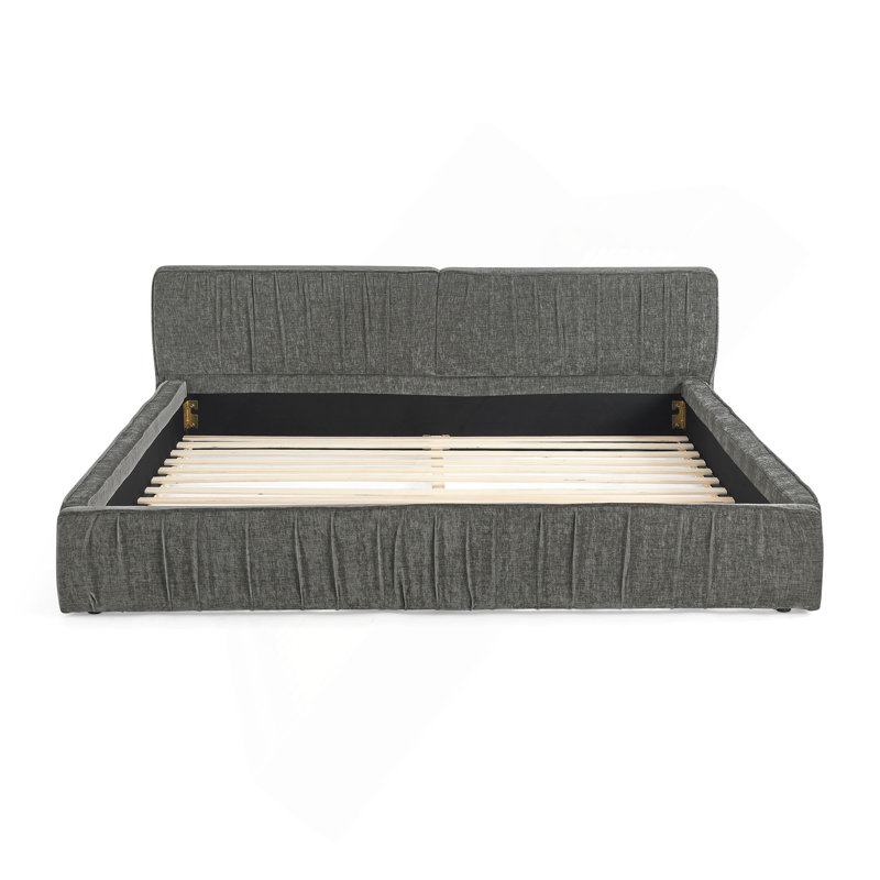 Structure de lit tapissier en tissu chenille avec motif plissé, lit plateforme avec tête de lit et structure solide. Aucun sommier tapissier requis