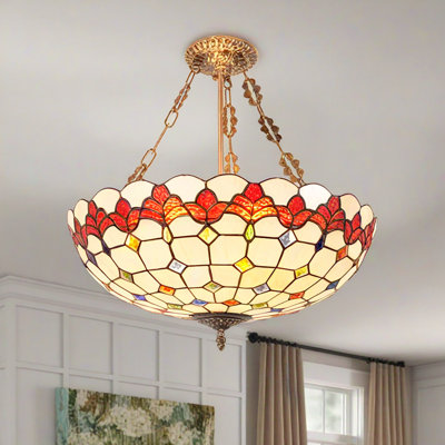20-inch Retro Tiffany Style 5-head Inverted Chandelier, Colored Glass Lampshade, Height Adjustable, American Iron Decorative Chandelier