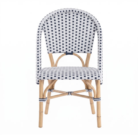 French bistro dining chair with a rounded back, woven navy and white checkered seat and backrest, and light wood-finished legs with cross-bracing.