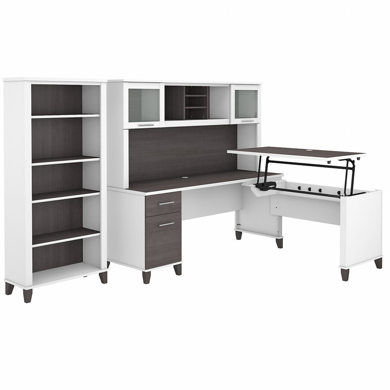Magomed 72W 3 Position Sit to Stand L Shaped Desk with Hutch and Bookcase, Storm Gray/White