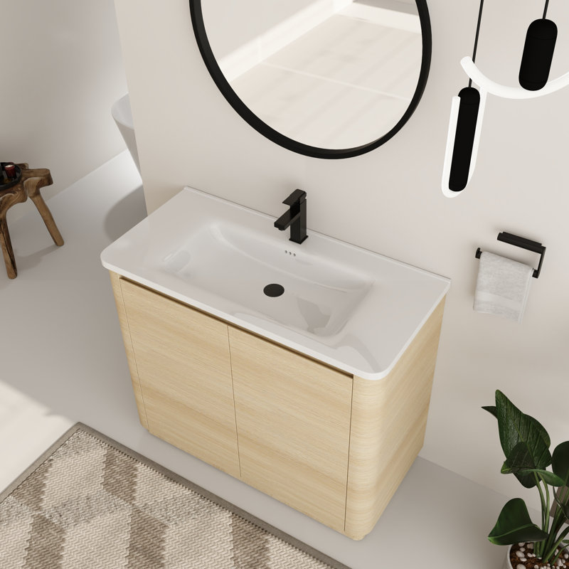 Addisin 40'' Free-standing Single Bathroom Vanity Set with Ceramic Vanity Top, 40", White Oak