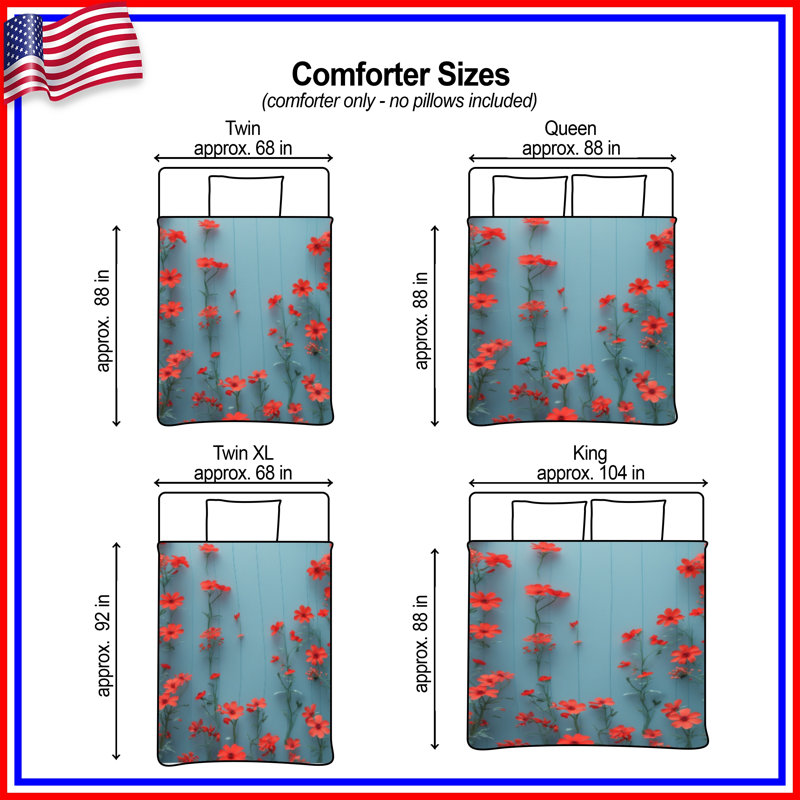 Red Wildflowers On Blue Comforter, Twin Extra Long
