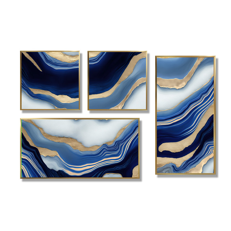 «Vibrant Blue and Gold Flow Art III», reproduction d'art moderne sur toile 4 pièces, Impression encadrée sans passe-partout