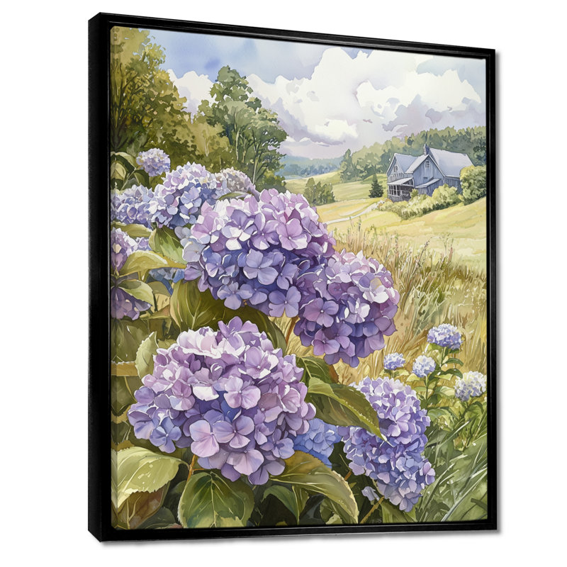 «Isaiaha», champ d'hortensias dans la prairie de la ferme - hydrangées, art mural, H 32 po x l 16 po, Noir