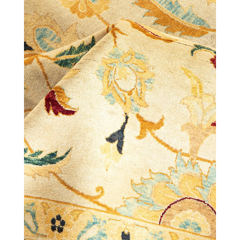 Tapis unique noué à la main Pompey - ivoire / bleu marine, 8 pi x 10 pi 1 po