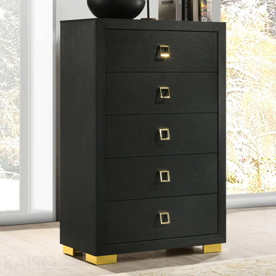 Modern Contemporary Style 1pc Chest Gold Square Handles And Metal Legs Centre Glide English Dovetail Drawers Black Finish Bedroom Furniture
