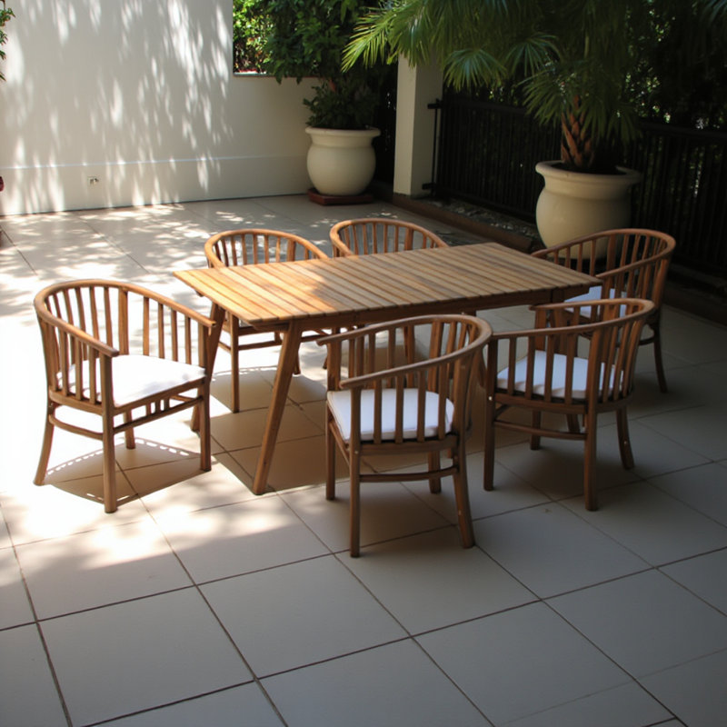 Ensemble repas d'extérieur en bois d'acacia 6 places avec coussins, finition et crème