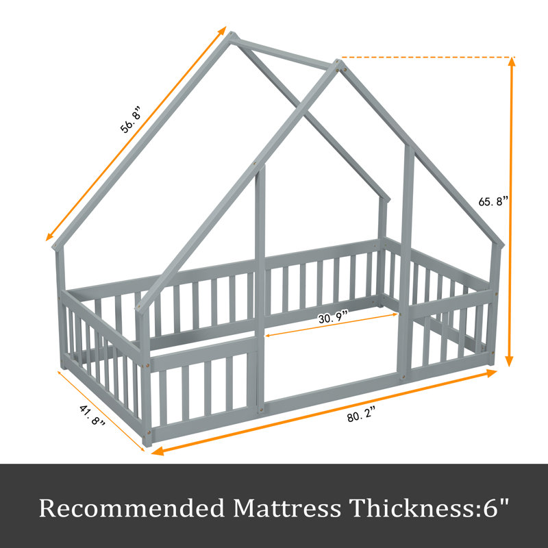 Wood House-Shaped Floor Bed With Fence, Guardrails, Gray, Twin