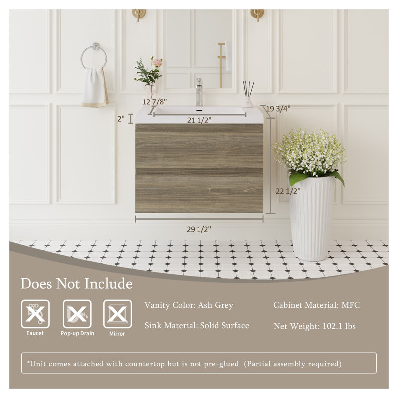 Meuble-lavabo flottant 30 po avec surface solide et tiroirs à fermeture en douceur, gris cendré