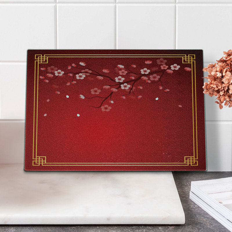 Ambesonne, Saint-Valentin, planche à découper en verre trempé, branche de cerisier, souci, corail, rouge