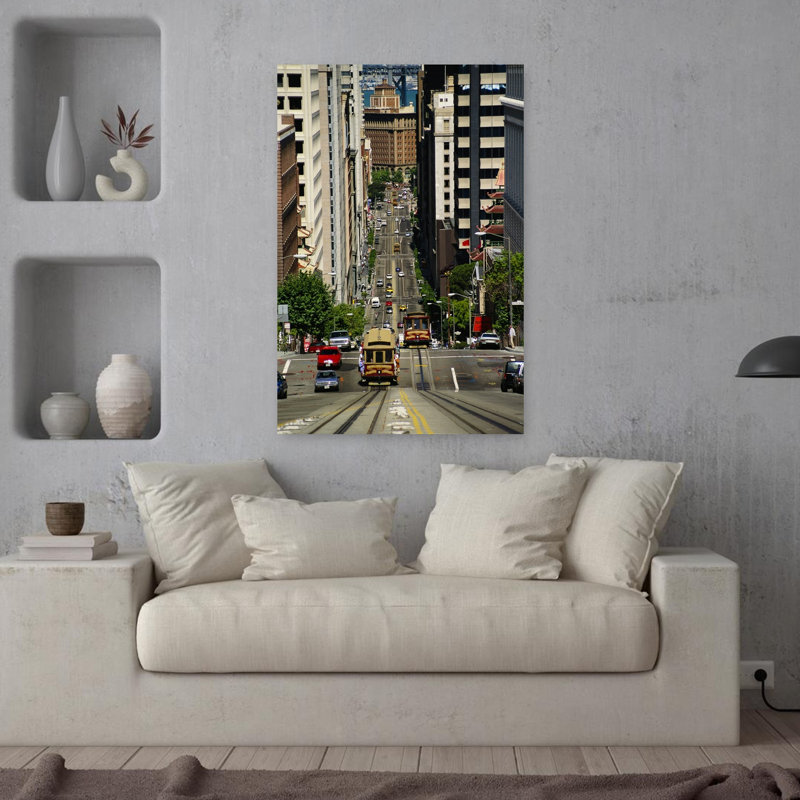 Cable Car Driving On Steep Street In San Francisco, California, Usa Contemporary Architecture Wall Art, H 36 po x l 24 po