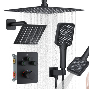 Matte Black Thermostatic Shower System, Push Button Diverter Shower Faucet Set With 12" Ceiling Mount Rain Shower, 6" Wall Mount Shower Head, And 4-in-1 Handheld Spray