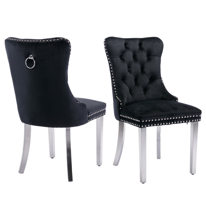 Chaise de salle à manger en velours avec anneau à dossier et pieds en bois massif, Argent argent, Noir, 2