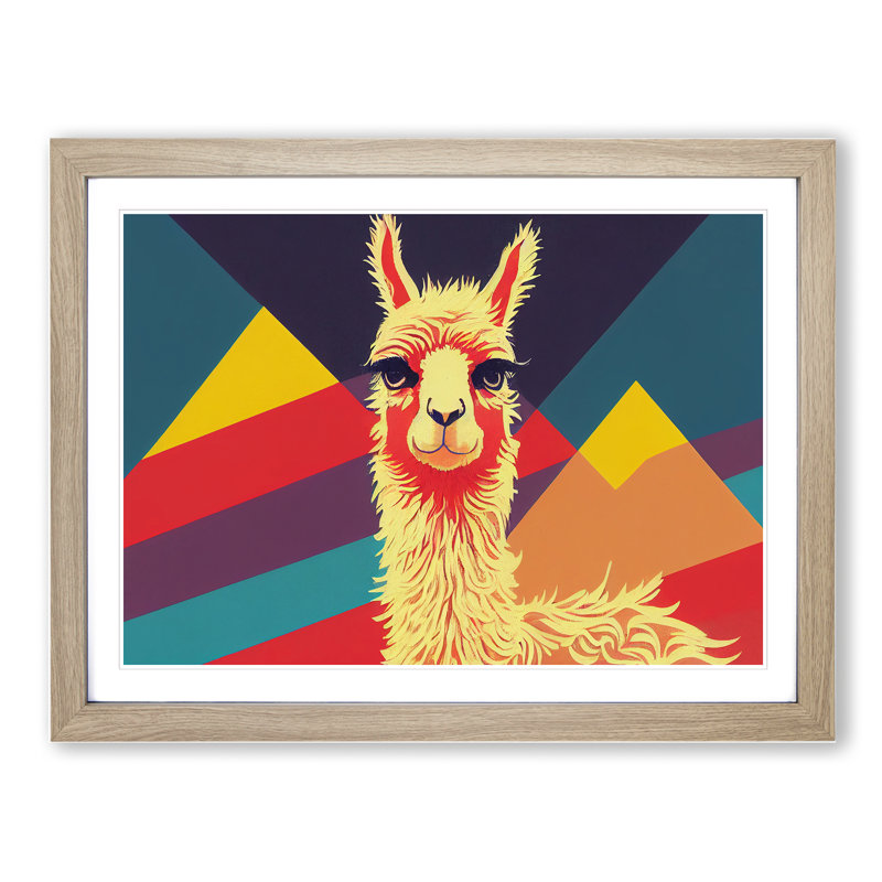 Retro Llama - Single Picture Frame Print, 34cm H x 46cm W x 2cm D, Oak Framed