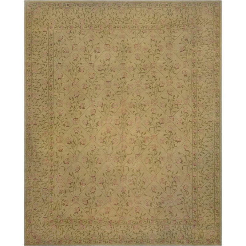 Tapis beige / vert en laine noué à la main Floral