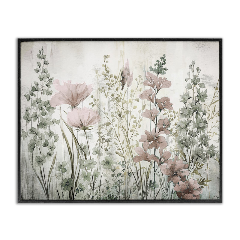 «Blush Wildflower Sprig», estampe numérique par Sasha, Giclée encadrée noir minuit, H 16 po x l 20 po