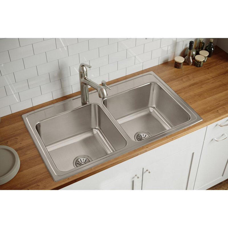 Lustertone 37" L x 22" W Double Basin Drop-In Kitchen Sink, 2 Holes