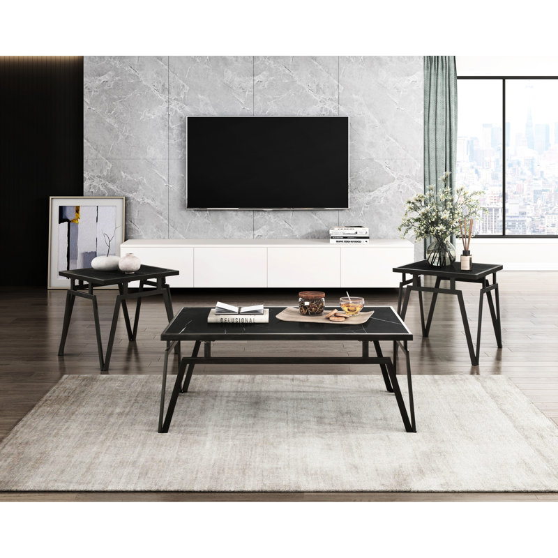 Table d'appoint contemporaine 3 pièces: plateau en pierre frittée noire et base en métal élégante 3