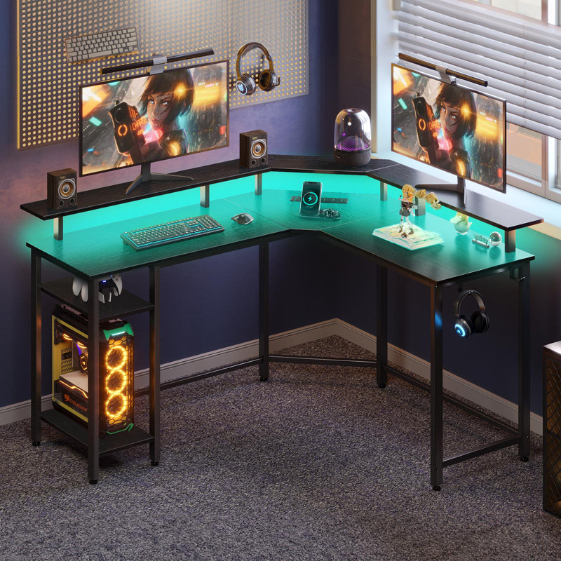 Lameen L Shaped Computer Desk with Power Outlets & RGB Lights, Corner Desk with Monitor Shelf, Black