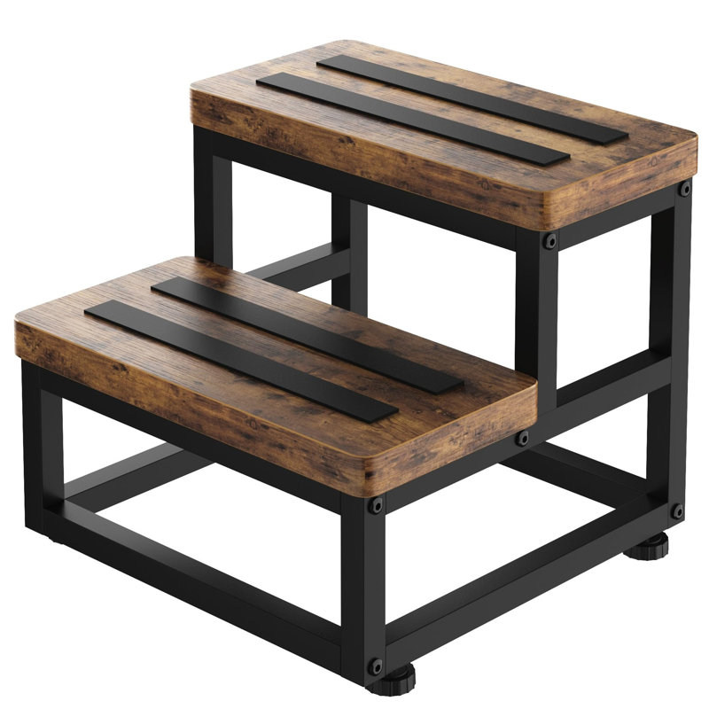 Rustic Brown Wooden and Metal 2-Step Stool