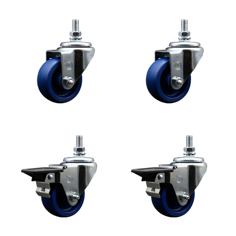 3 Inch_Solid Polyurethane 10MM Threaded Stem Caster Set 2 Brakes SCC
