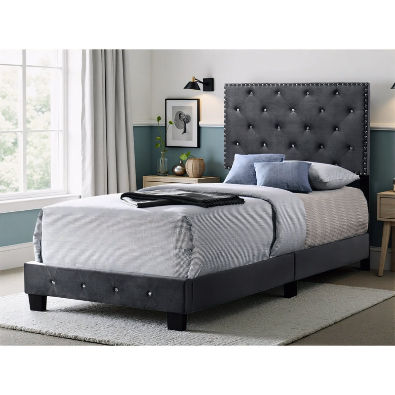 Lit simple en velours Modena, Lit simple, Gris