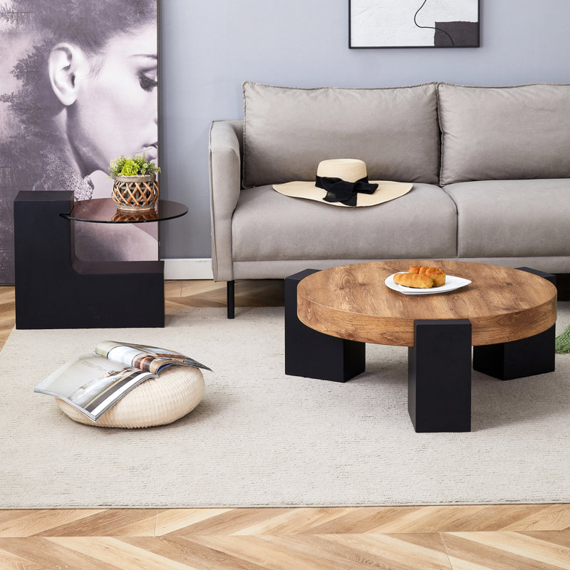 Table basse ronde moderne simple à double couche - plateau en verre avec pieds en MDF en forme de L