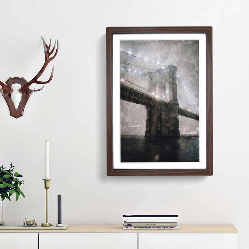 Lights of Brooklyn Bridge - Picture Frame Graphic Art Print, Walnut Framed, 45cm H x 33cm W x 2cm D