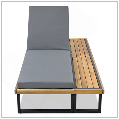 Versatile Outdoor Chaise Lounge Chair With 5-Position Adjustable Backrest, Reclining With Cushion, Patio Lounger With Wood Side Table, Sturdy Frame Fo