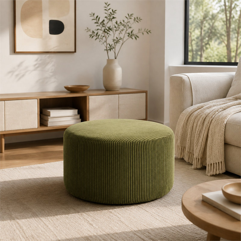 Pouf rond en velours côtelé, vert olive