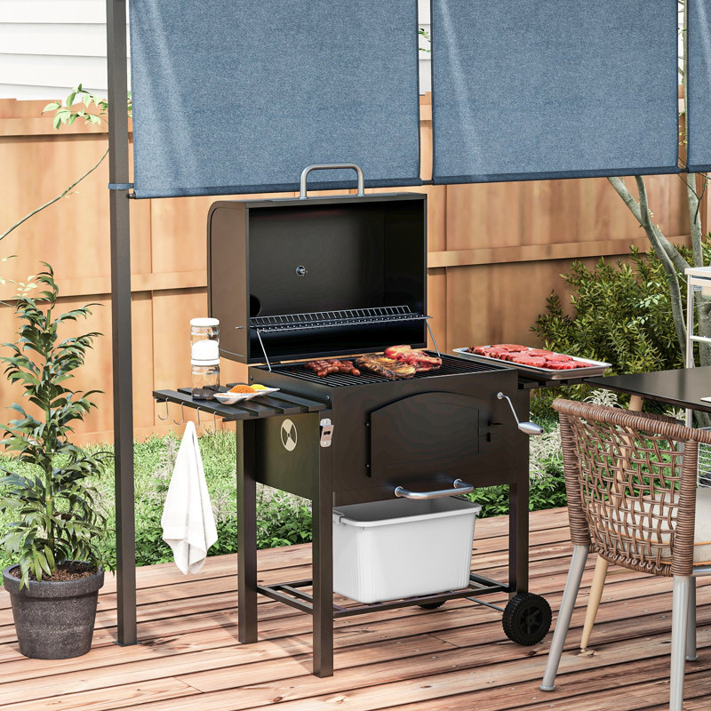 Barbecue au charbon de bois pour pique-nique, avec hauteur réglable, tablettes pliantes, thermomètre, ouvre-bouteille et roulettes, surface de cuisson noire de 371 pieds carrés,