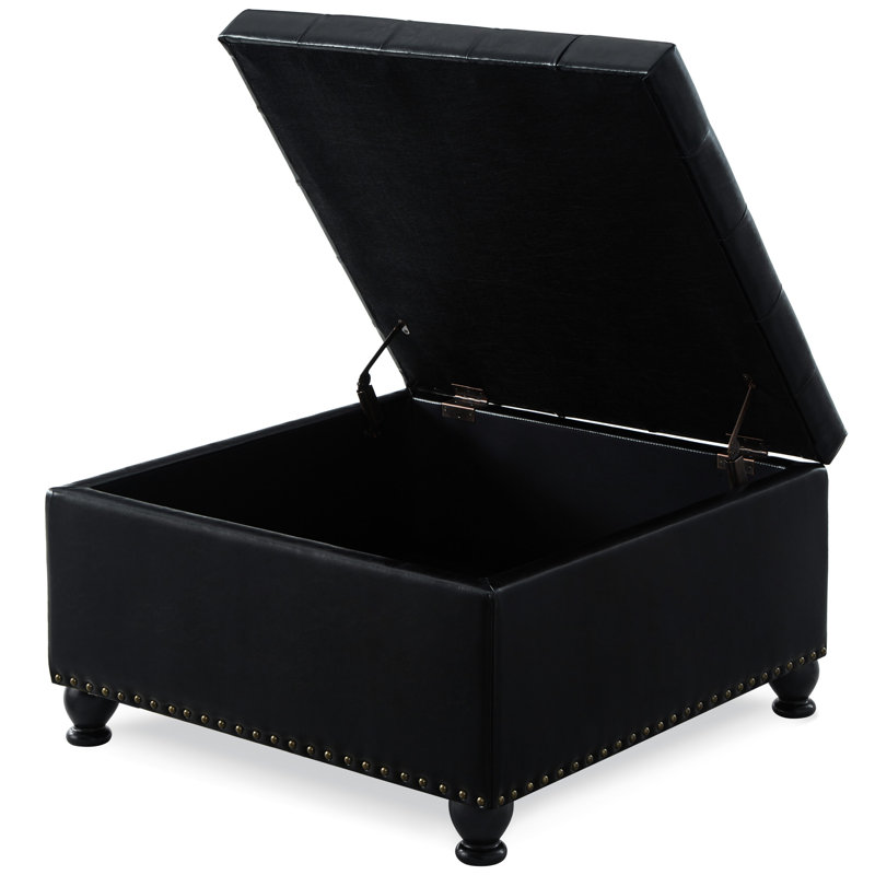 Rangement en similicuir noir avec pieds en bois