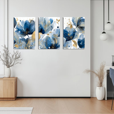Blue and Gold Floral Abstract Canvas Wrapped Wall Art Set of 3