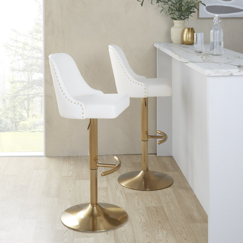 Tabouret de bar clouté réglable avec repose-pieds arrondi en T - ensemble de 2, Doré, Blanc