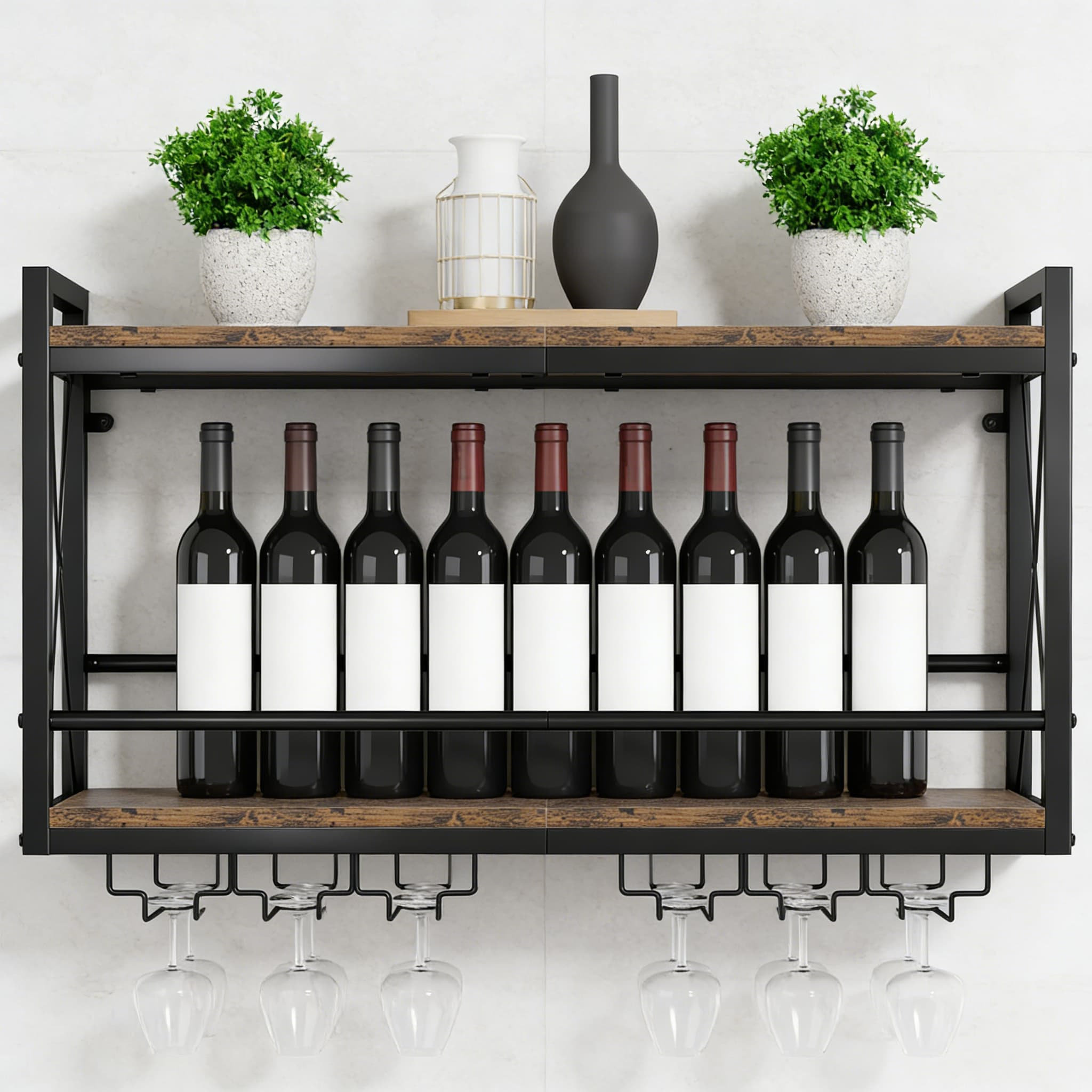 Led Backlit Wine Racks Millwood Pines Wall Mounted Wine Rack With RGB LED Lights, 2-Tier Wood ...