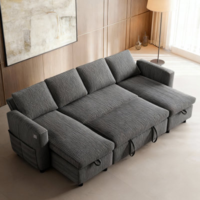 105" Corduroy Sectional Sofa With U-Shaped Pull-Out Bed, Double  Storage Chaise Lounges, Usb Ports, Tool-Free Assembly, Soft Skin-Friendly Fabric For Living Room, Bedroom, Apartment, Office