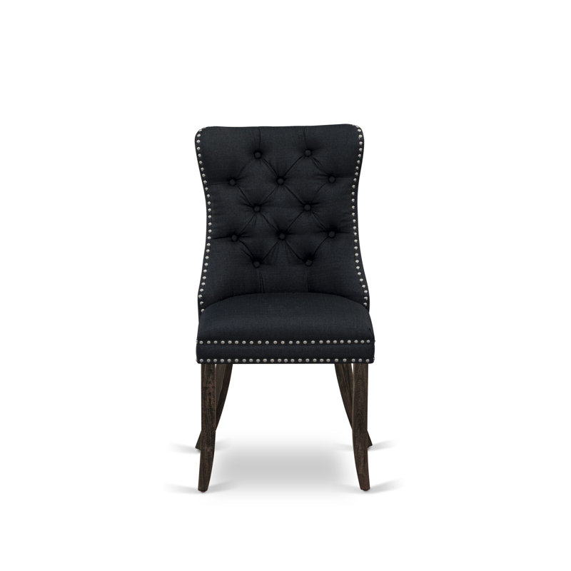 Distressed Jacobean Acacia Wood 9-Piece Dining Set with Black Upholstered Chairs