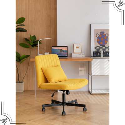Fauteuil de bureau croisé réglable en lin jaune avec roulettes, pour divers espaces intérieurs, avec support ergonomique et bureau à hauteur réglable sans accoudoirs idéal pour le maquillage