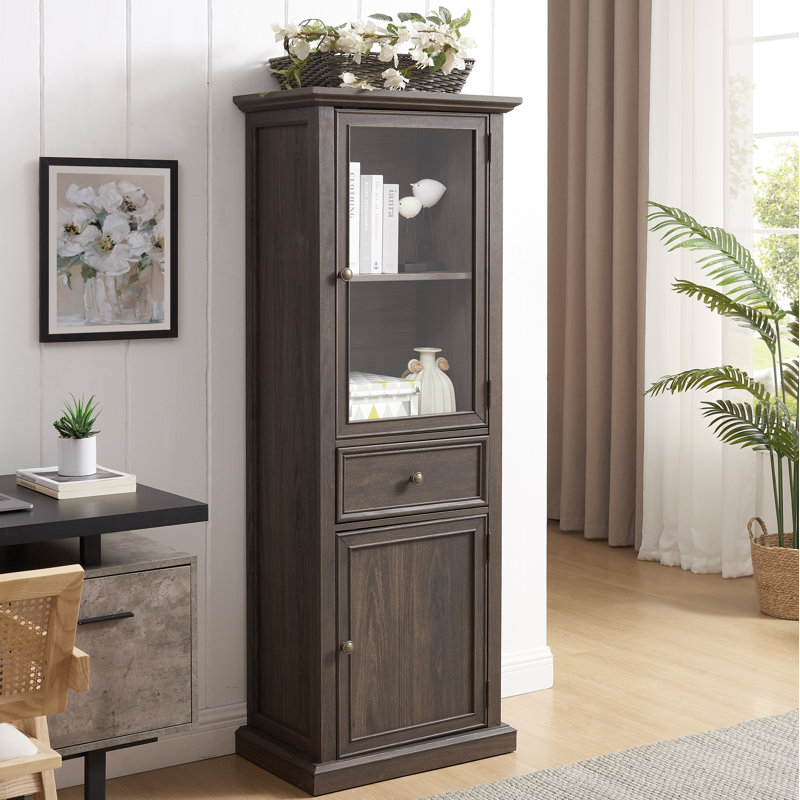 Freestanding Cabinet with Glass Door and Shelves,Cabinet with Drawer, Brown