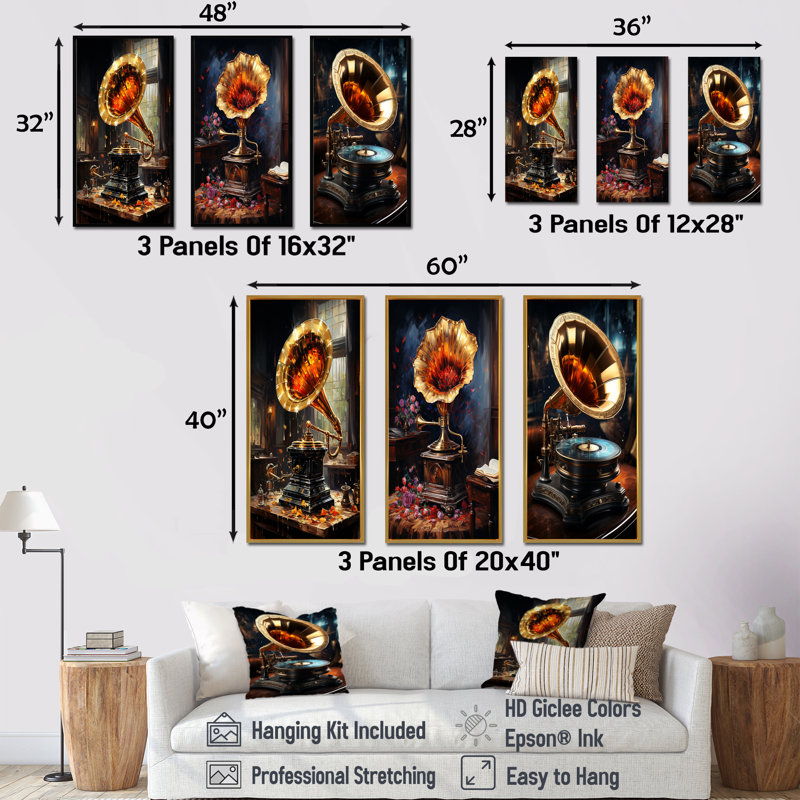 «Gold Phonographs Elegance I», ensemble de 3 reproductions d'art sur toile, Cadre flottant blanc, H 28 po x l 36 po