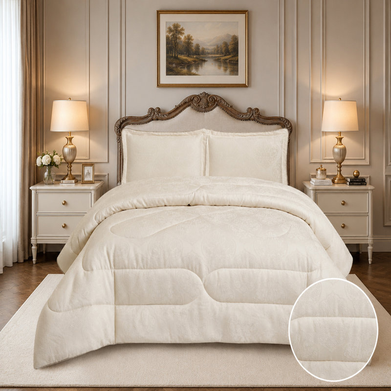 Jacquard Floral Bedspread, King Bedspread + 2 Standard Shams, Cream
