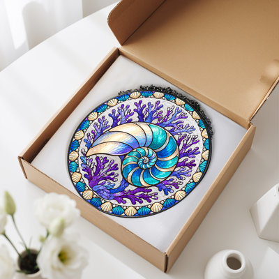 Toile coquillage en vitrail en spirale coquillage avec cercle de corail mauve