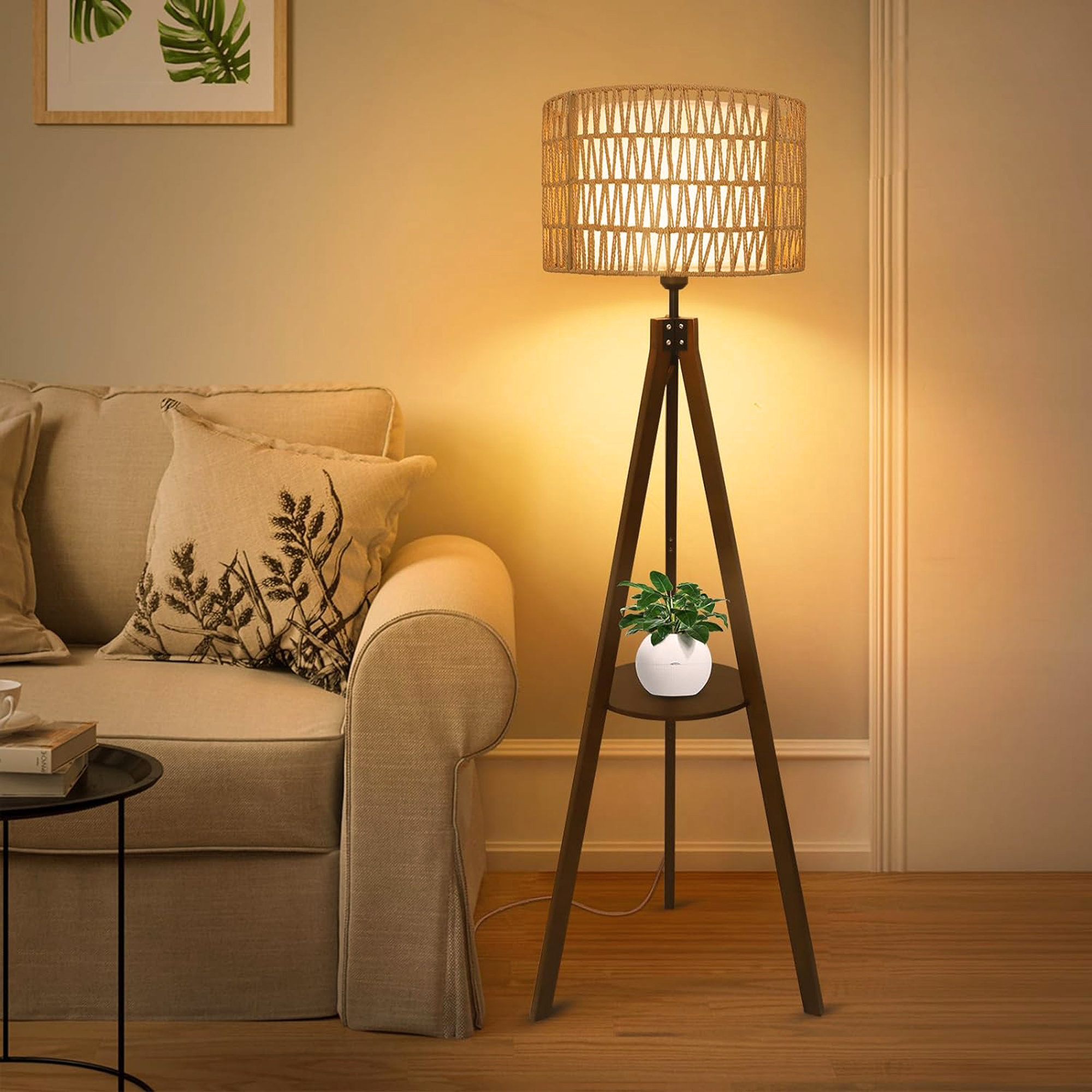 Bay Isle Home™ Boho Tripod Floor Lamp with Shelves, Mid Century Wood Standing  Lamp with Rattan \u0026 Fabric Shades, ON/Off Foot Switch, Modern Farmhouse Tall Floor  Lamps for Living Room Bedroom Office |, image size:2000x2000