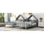 Lit plateforme gris avec tête de lit attrayante en forme de maison et tête de lit double intégrée