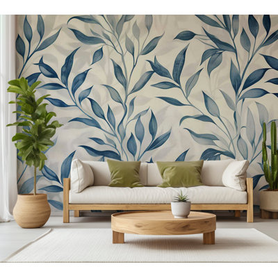 Papier peint floral - Feuilles en bleu